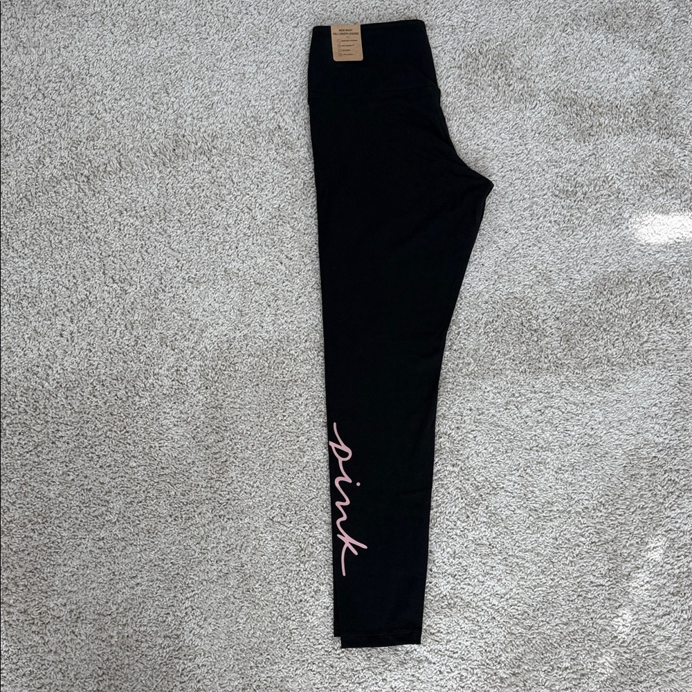 NWT PINK Victoria's Secret Black Cotton Leggings with Pink Logo Large